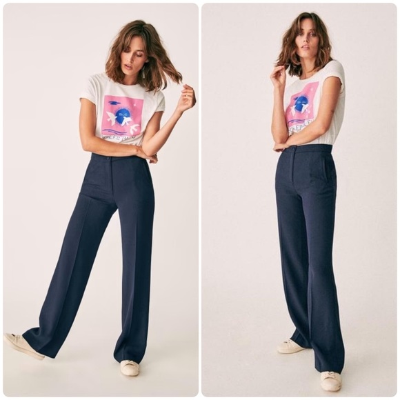 New! Sezane High Waisted Wide Leg Navy Martin Trousers 💙 size 36/ US 4 - Picture 1 of 9